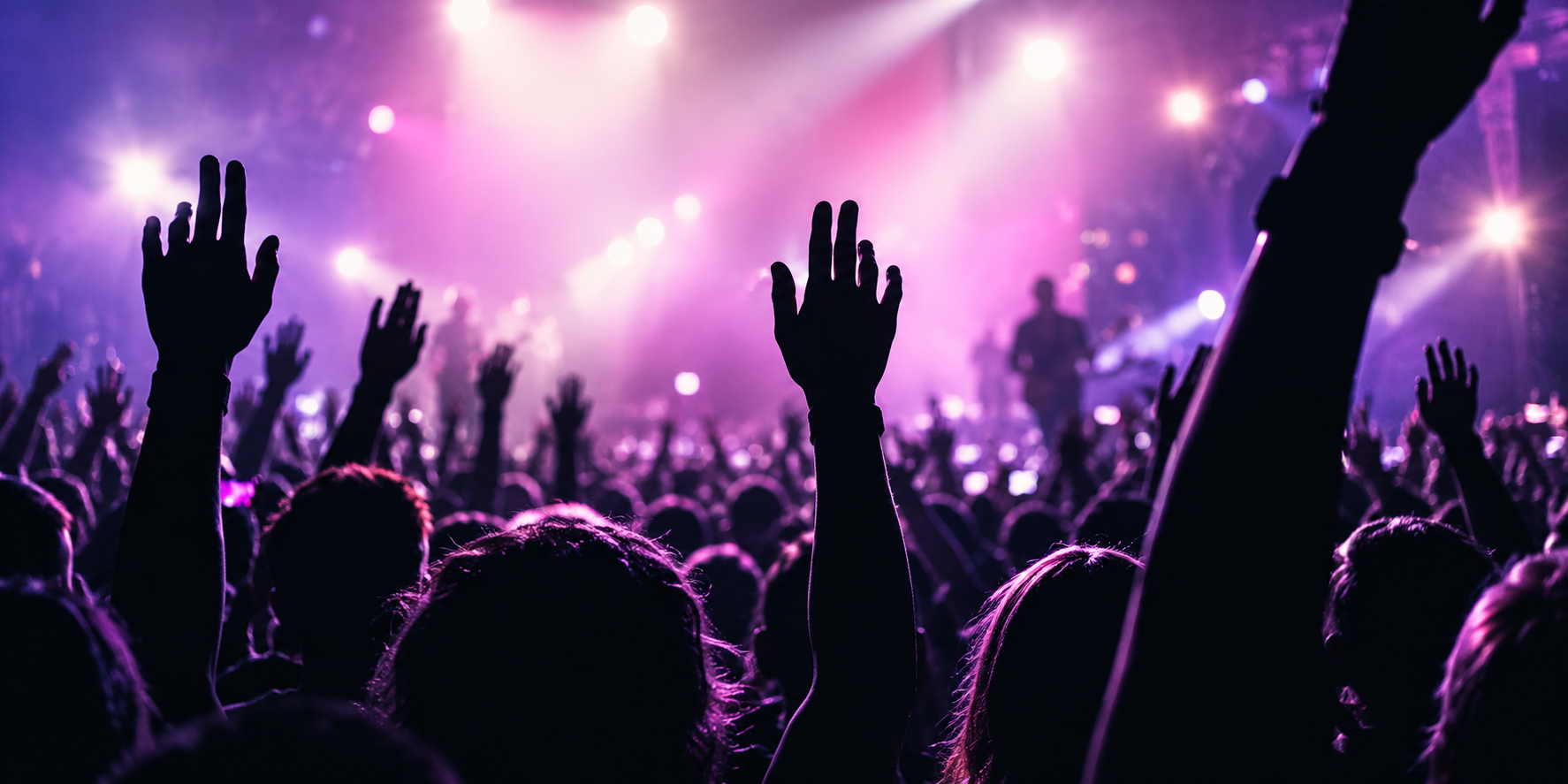 Foule en concert les bras levés célébrant la musique